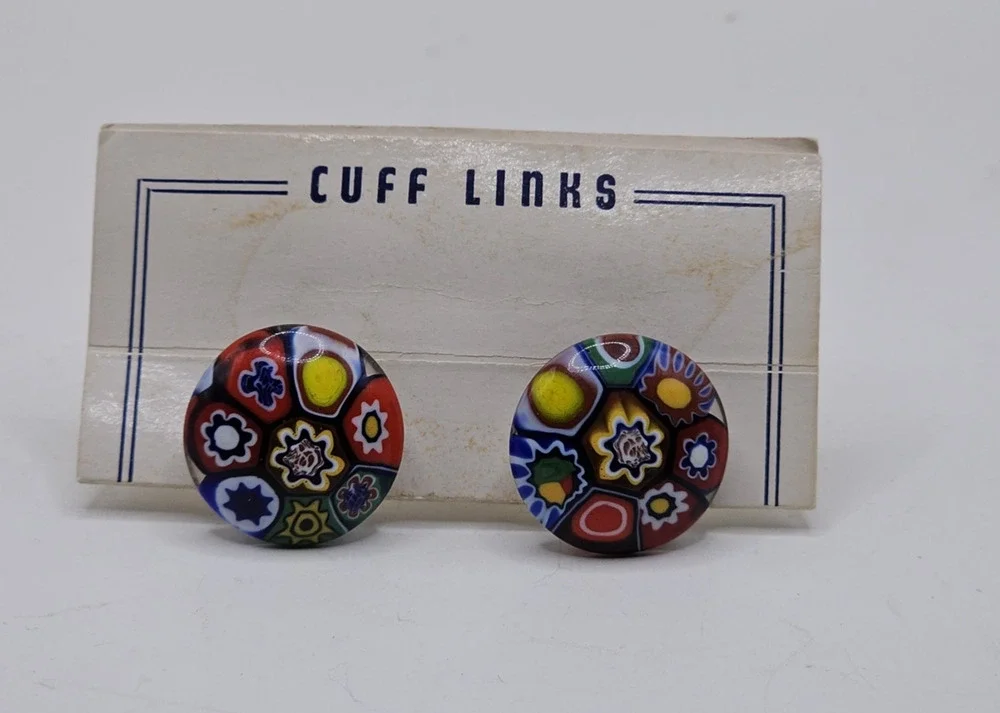 Vintage Murano Glass Color Splash Domed Millefiori Cufflinks New on Card